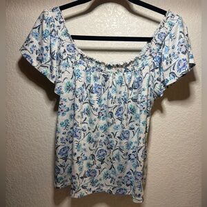 LC Lauren Conrad Blue and White Smocked Ruffled Blouse